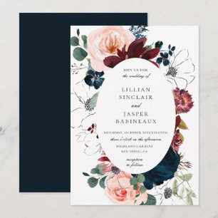 Bourgogne Blush Navy Bloemen Ovaal Lijst Bruiloft Kaart