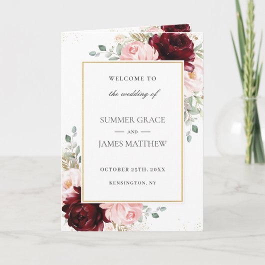 Bourgogne Blush Rose Floral Programme de mariage O (Devant)