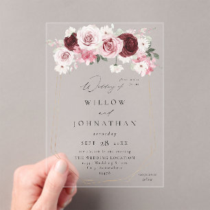Bourgogne & Blush roze 6 Ele Floral Wedding Acryl Uitnodigingen