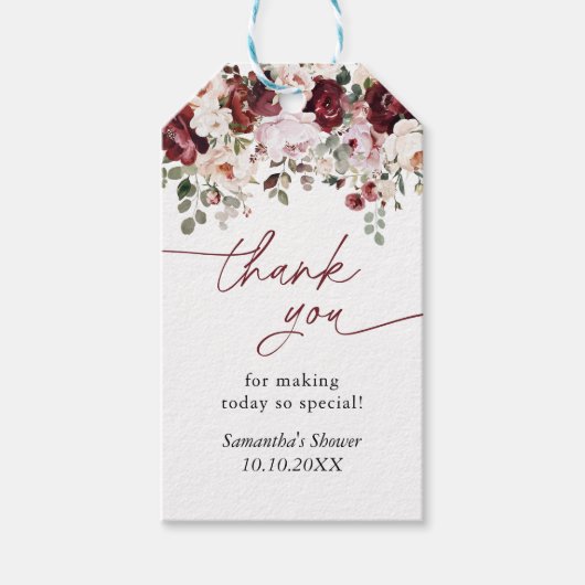 Bourgogne Blush Roze Bloemen Douche Bedankt Cadeaulabel (Voorkant)