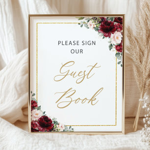 Bourgogne Blush Roze Bloemen Gelieve te onderteken Poster