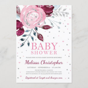 Bourgogne blush roze bloemenzilver glitter baby kaart