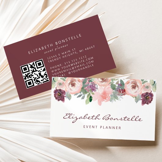Bourgogne Blush Roze Waterverf Bloemen QR Code Visitekaartje