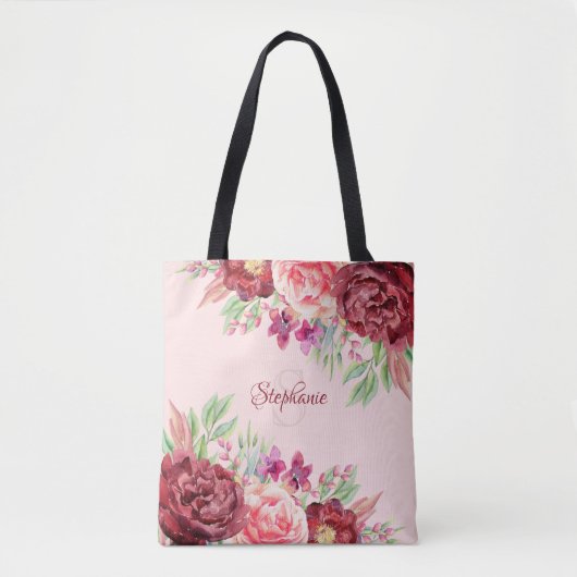 Bourgogne Blush Waterverf Floral Monogram Draagtas (Voorkant)
