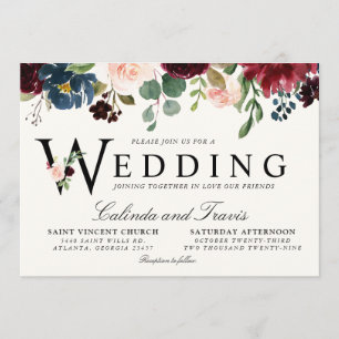 Bourgogne-boeket Floral Typografie van de brui Kaart