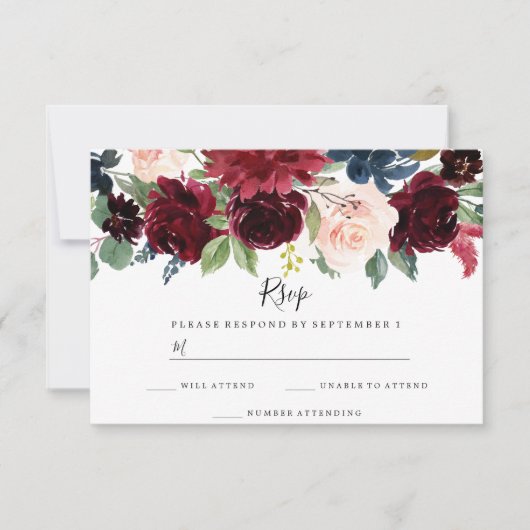 Bourgogne Boho Aquarelle Florale Mariage RSVP (Devant)