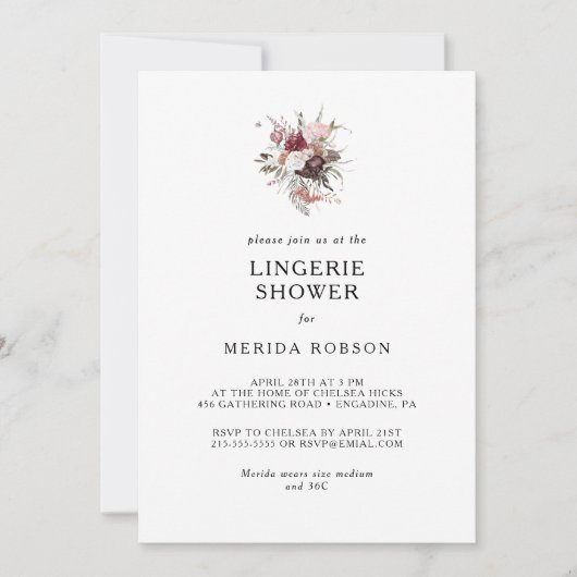 Bourgogne Boho Floral Lingerie Douche Invitation (Devant)