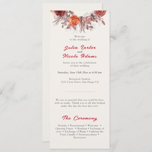 Bourgogne Boho Roos Bloemen Pampas Grass Wedding Programma (Voorkant / Achterkant)