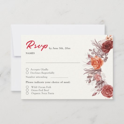 Bourgogne Boho Roos Bloemen Pampas Grass Wedding RSVP Kaartje (Voorkant)