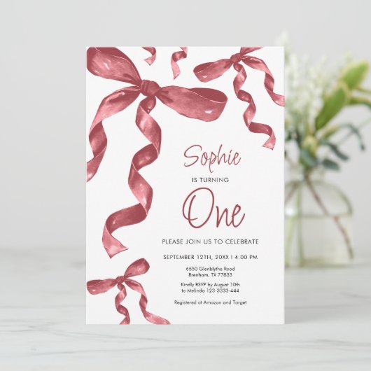 Bourgogne Bow 1er anniversaire Invitation (Debout devant)