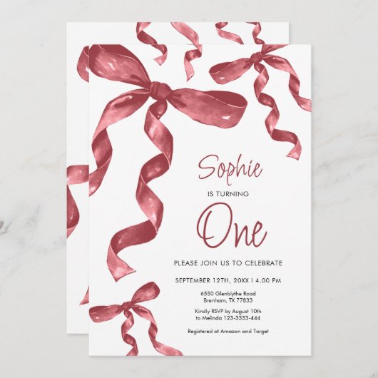 Bourgogne Bow 1er anniversaire Invitation (Devant / Derrière)