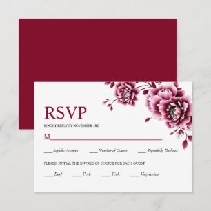 Bourgogne Chinese bloemenpioen bloemen bruiloft RSVP Kaartje