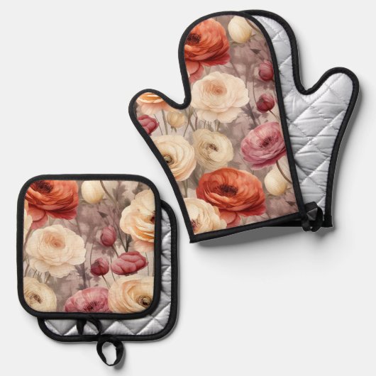 Bourgogne Cream Spring Flowers Vrijgezellenfeest Ovenwant & Pannenlap Set (Voorkant / Achterkant)