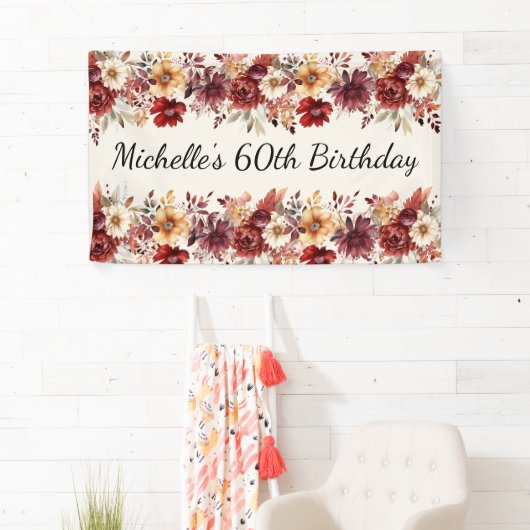 Bourgogne Cream Waterverf Bloemen 60e Verjaardag Spandoek (Insitu)