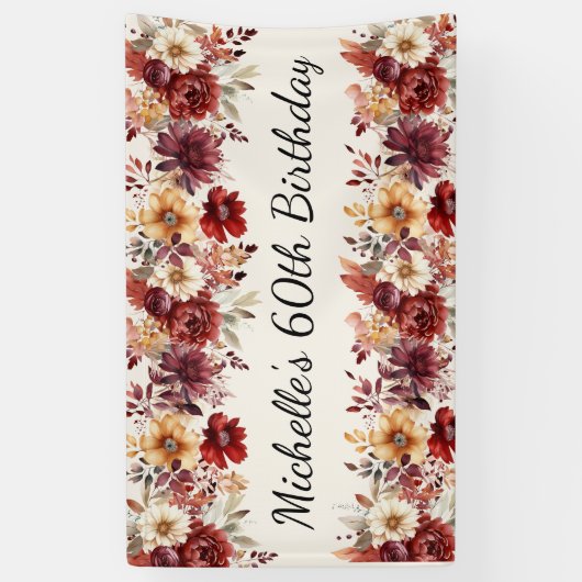 Bourgogne Cream Waterverf Bloemen 60e Verjaardag Spandoek (Verticaal)