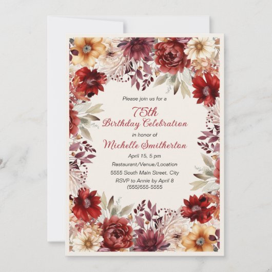 Bourgogne Cream Waterverf Bloemen 75e Verjaardag Kaart (Voorkant)