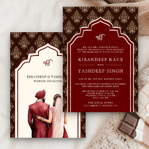 Bourgogne Crème Bruin Ikat Anand Karaj Sikh Bruilo Kaart