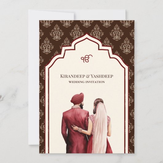 Bourgogne Crème Bruin Ikat Anand Karaj Sikh Bruilo Kaart (Voorkant)