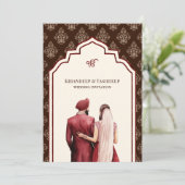 Bourgogne Crème Bruin Ikat Anand Karaj Sikh Bruilo Kaart (Staand voorkant)