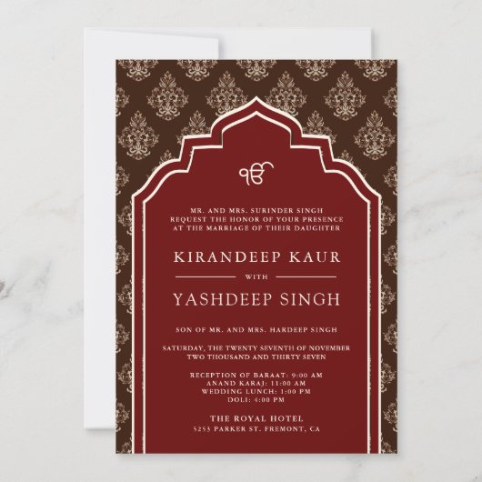 Bourgogne Crème Bruin Ikat Anand Karaj Sikh Bruilo Kaart (Achterkant)