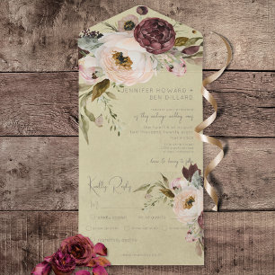 Bourgogne Crème & Roze  Pioenen Roze Diner All In One Uitnodiging