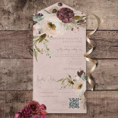 Bourgogne Crème & Roze Pioenroze QR Code All In One Uitnodiging