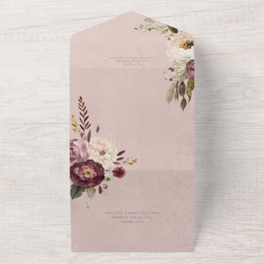 Bourgogne Crème & Roze  Pioenroze QR Code All In One Uitnodiging (Buitenkant)