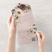 Bourgogne Crème & Roze Pioenroze QR Code All In One Uitnodiging (Afscheurbaar)