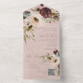 Bourgogne Crème & Roze Pioenroze QR Code All In One Uitnodiging (Binnen)
