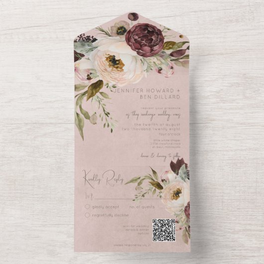 Bourgogne Crème & Roze  Pioenroze QR Code All In One Uitnodiging (Binnen)