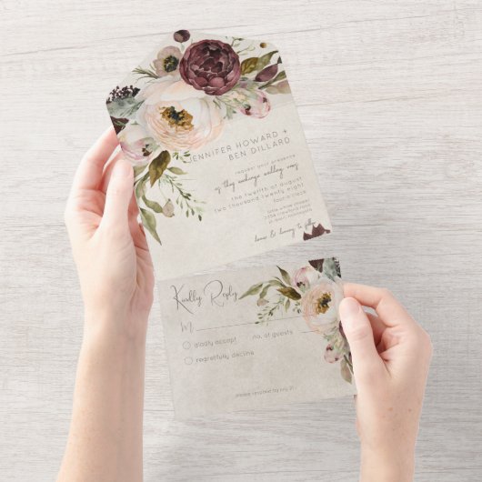 Bourgogne Crème & Roze Pioenrozen Geen Diner All In One Uitnodiging (Afscheurbaar)