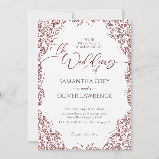 Bourgogne Damask Frame Faire-part de mariage (Devant)