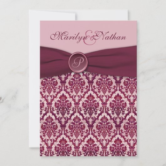 Bourgogne Damask Monogramme Faire-part de mariage (Devant)