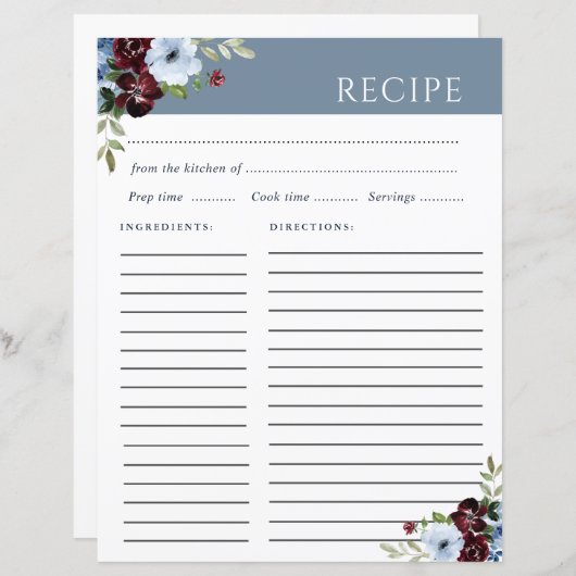 Bourgogne Dusty Blue Elegante Receptenkaart (Voorkant / Achterkant)