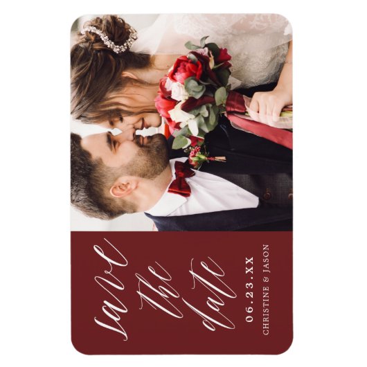 Bourgogne Elegante Script Photo Save the Date Magn Magneet (Verticaal)