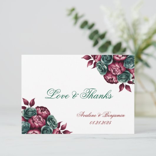 Bourgogne Emerald Green Peony Gold Trim Wedding Bedankkaart (Staand voorkant)