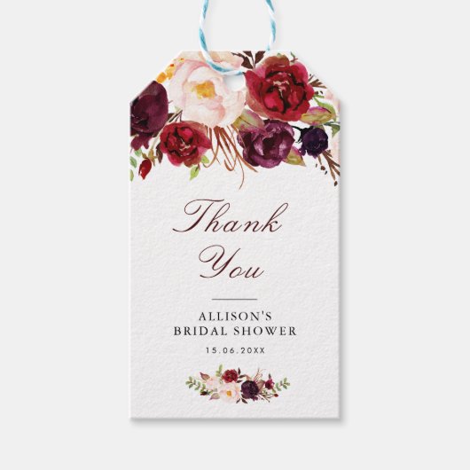 Bourgogne en blozen waterverf bloemenvrijgezellenf cadeaulabel (Voorkant)