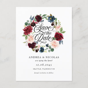 Bourgogne en Blue Floral Wreath Save the Date Aankondigingskaart
