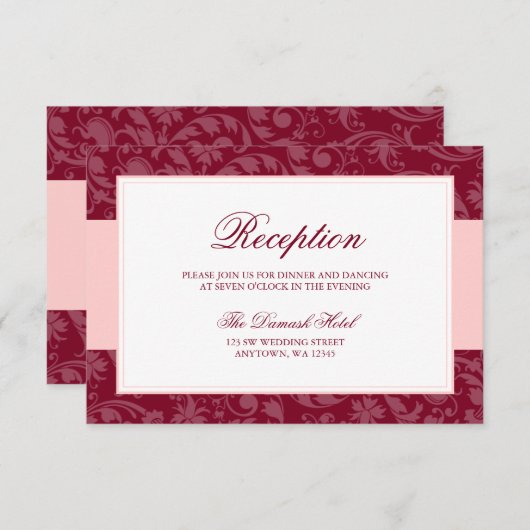 Bourgogne en Blush Pink Damask Swirl Receptie Informatiekaartje (Voorkant / Achterkant)