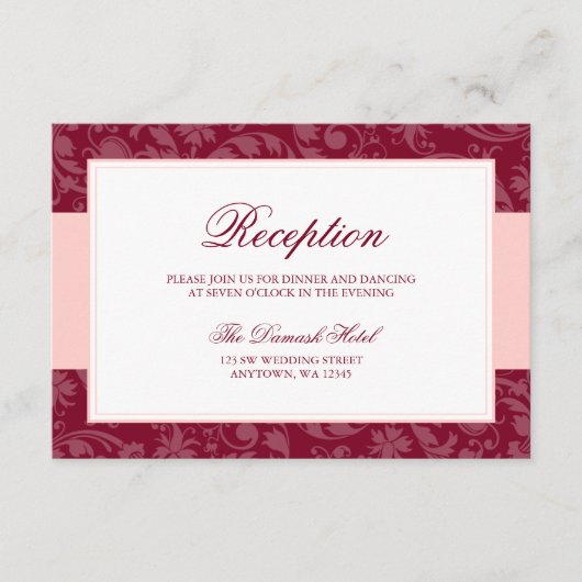 Bourgogne en Blush Pink Damask Swirl Receptie Informatiekaartje (Voorkant)