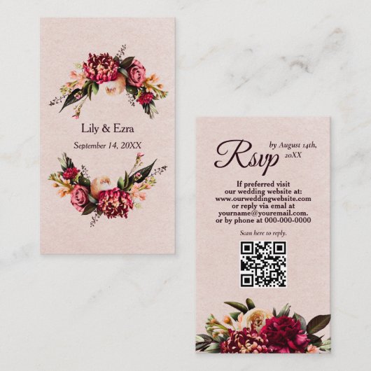 Bourgogne en Blush QR Code RSVP Informatiekaartje (Voorkant / Achterkant)