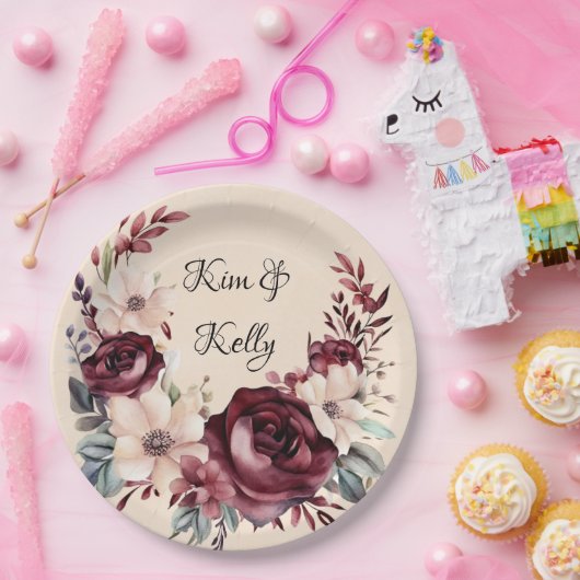 Bourgogne en Cream Waterverf Rozen Bruiloft Papieren Bordje (Feest)