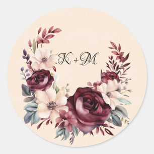 Bourgogne en Cream Waterverf Rozen Bruiloft Ronde Sticker