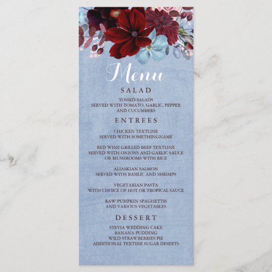 Bourgogne en Dusty Blue Wedding Menu's (Voorkant)