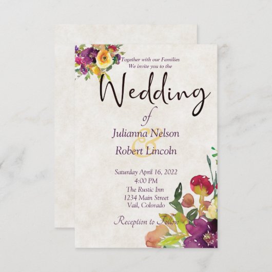 Bourgogne en gele waterverf florale bruiloft invi kaart (Voorkant / Achterkant)