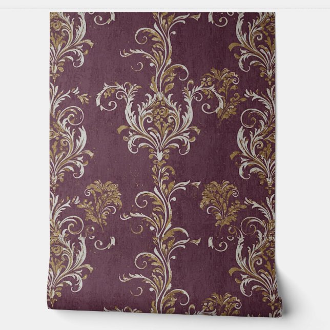  Bourgogne en gouden Damask Behang (Afrollen)