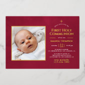 Bourgogne en goudflora Heilige Communie Folie Uitnodiging (Voorkant)