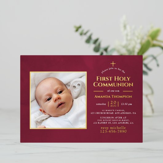 Bourgogne en goudflora Heilige Communie Folie Uitnodiging (Staand Voorkant)