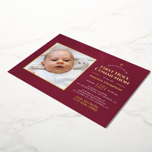 Bourgogne en goudflora Heilige Communie Folie Uitnodiging (Gedraaid)