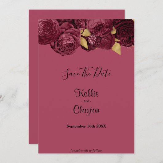 Bourgogne en goudflora sparen de datum save the date (Voorkant / Achterkant)